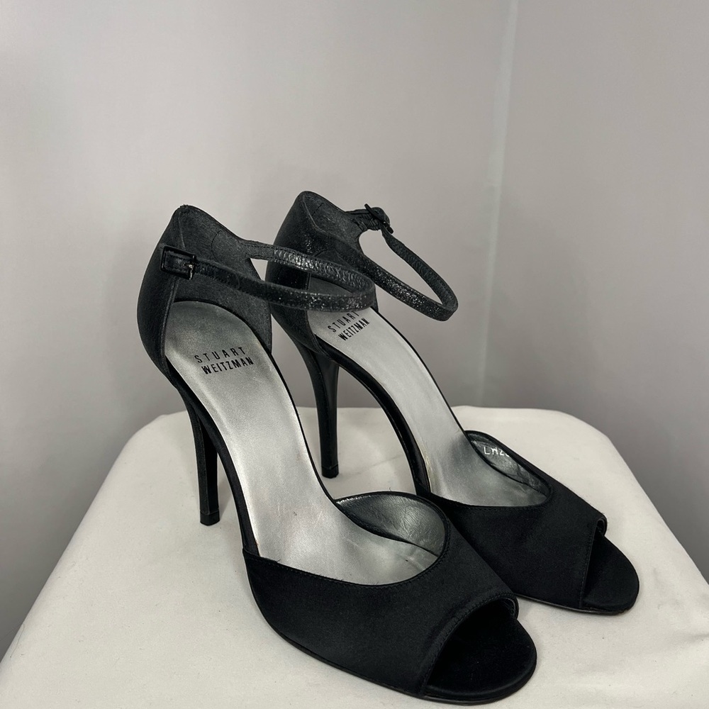 Stuart Weitzman Black Satin Peep-Toe Ankle-Strap Stilettos